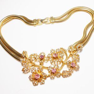 Vintage Givenchy Gold Tone Stone Floral Necklace
